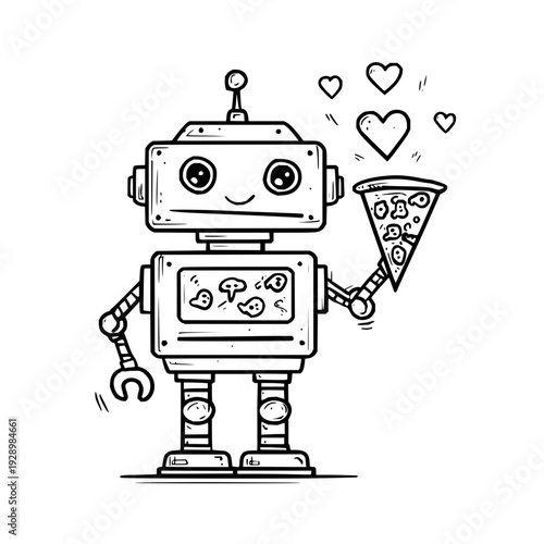Cute robot holding ice cream cone with hearts smiling and joyful black and white illustration