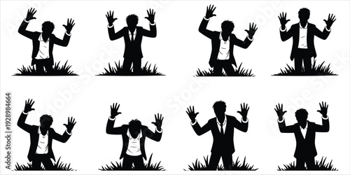 Businessmen Silhouettes Kneeling with Hands Raised in Grass on White Background businessman surrender
