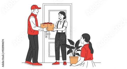 Delivery driver handing a package to a person at their doorstep with a plant nearby
