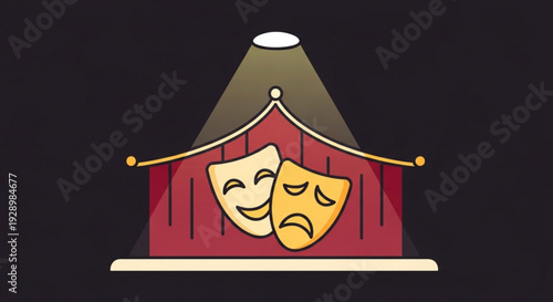 Theatrical stage with comedy and tragedy masks under spotlight symbolizing drama and performance