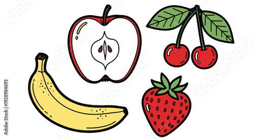 A vibrant assortment of fresh fruits, including a ripe banana, a juicy strawberry, a sliced apple, and a cluster of cherries, presented in a delightful illustration
