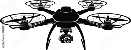 Modern drone quadcopter silhouette with high definition camera for aerial photography and professional surveillance technology on a clean white background,