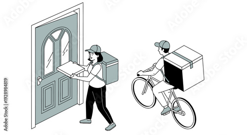 Online Food Delivery Service Illustrating Efficiency Couriers Delivering Pizza to a Door and Packages by Bicycle, Highlighting Modern Urban Logistics and Service
