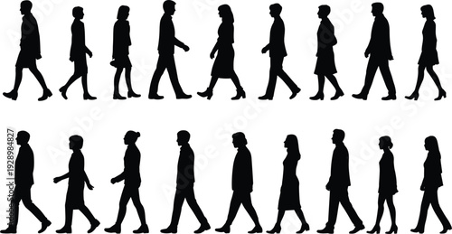 Black Silhouettes Of People Walking In Two Rows On White Background black and white isolated