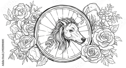 Detailed illustration of a wolf head within a spoked wheel surrounded by roses.