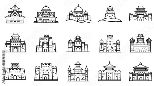 Medieval Castle and Palace Architecture Line Icon Pack, Fortress Tower Wall Outline Vector Set