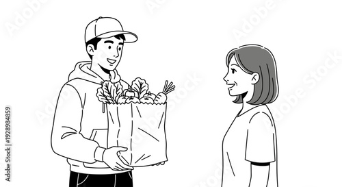Dedicated delivery service bringing fresh groceries directly to the customer's home, depicting convenient online shopping and efficient personal delivery experience