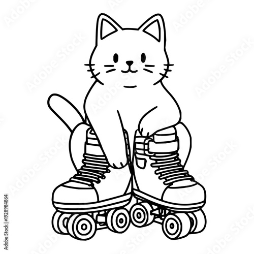 A cute cartoon cat sitting on a pair of roller skates with wheels looking happy and playful on a white background