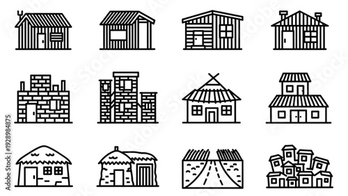 Traditional Cultural Architecture Line Icon Pack, Tribal Village Hut Tent Temple Outline Vector Set
