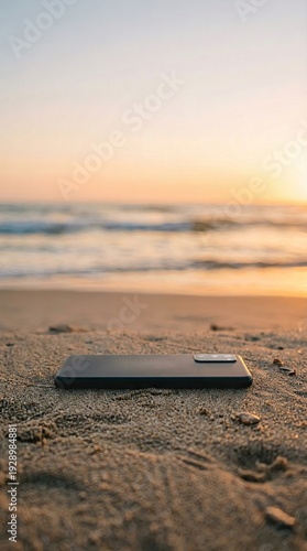 Digital detox concept with smartphone face down on sand at sunset, vertical