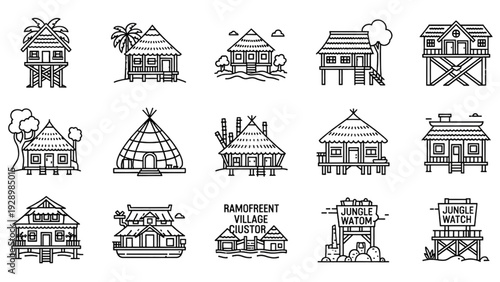 Collection of diverse traditional houses in various global environments and architectural styles illustrated