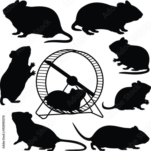 Black Silhouette Collection of Hamsters and a Hamster Wheel on White Background rodent animal