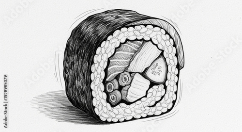 Detailed Illustration of a Sushi Roll with Salmon and Cucumber.