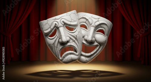 Theatrical comedy and tragedy masks on stage with red curtains and spotlight
