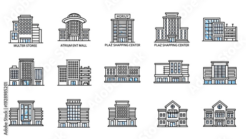 Collection of various architectural building designs and structures in detailed illustrations