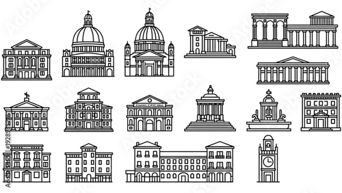 Collection of Architectural Buildings Illustrated in Monochrome