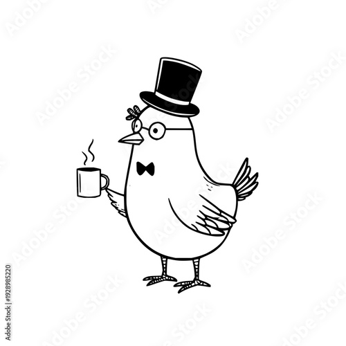 A charming cartoon bird in a top hat and bow tie holds a steaming cup of coffee