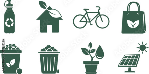 Collection of ecofriendly icons representing sustainable living and green lifestyle choices for environmental awareness campaigns