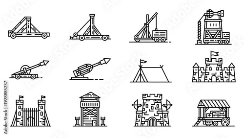 Medieval siege machines and fortresses illustrated in a set of black and white icons
