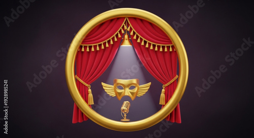 Golden comedy tragedy mask with red curtains and tassels in a circular frame on dark background for theater or entertainment concept
