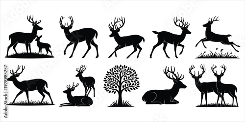 Black Silhouette Collection of Deer and Tree on White Background stag fawn