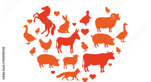 Heart Shaped Illustration Featuring Various Animals and Hearts