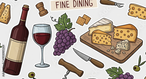 Delicious Wine and Cheese Platter with Grapes and Corkscrew.