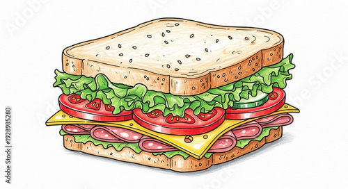 Deliciously stacked ham and cheese sandwich with fresh lettuce and tomato.