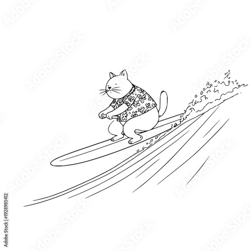 A cartoon cat in a floral shirt surfing on a wave conveying fun and adventure in a playful illustration