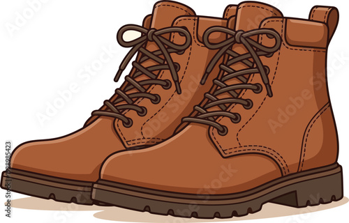 Brown leather work boots with laces and chunky soles isolated on white background fashion and workwear concept