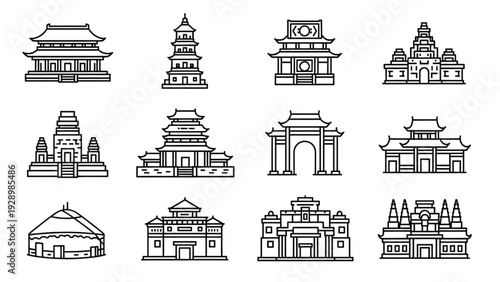 Collection of Asian architectural illustrations showcasing diverse cultural buildings and monuments