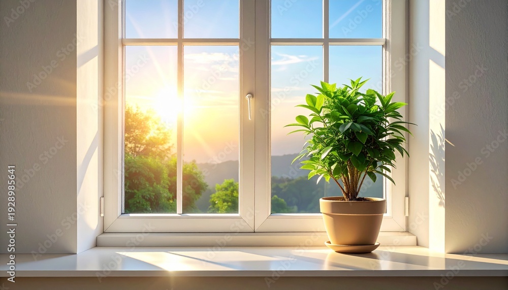 Fototapeta premium Indoor Plant on Windowsill with Morning Light and Shadow