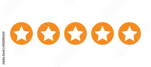 Five star rating icons in orange circle buttons. Orange five star rating icon set with circular flat customer feedback design.