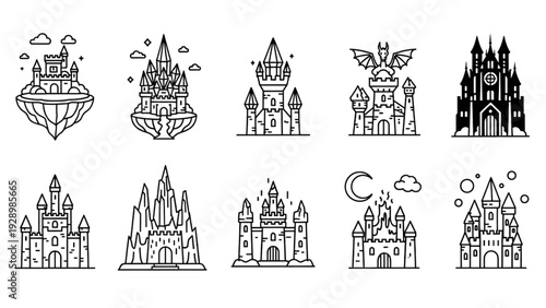 Collection of fantasy castle illustrations in various styles and settings displayed together