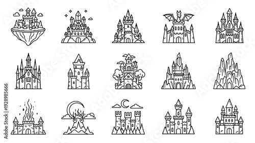 Collection of fantasy castle illustrations showcasing various architectural styles
