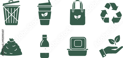 Collection of ecofriendly recycling and sustainability icons featuring trash bin reusable cup shopping bag compost bottle laptop and hand planting seedling