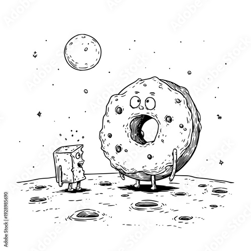 Whimsical black and white illustration of anthropomorphic donut and bread on a moonlit asteroid field with a cratered surface