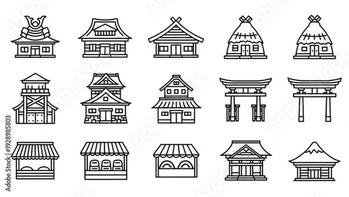 Collection of Traditional Asian Architectural Illustrations Featuring Temples and Buildings