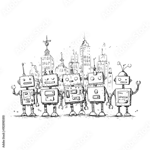 Group of five robots standing together in front of a city skyline with tall buildings drawn in black and white sketch style