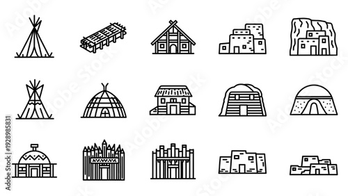 Various traditional dwellings and shelters illustrated in a simple line art style from different cultures
