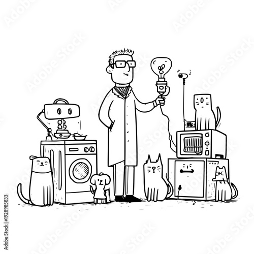Scientist surrounded by cats and household appliances holding a lightbulb in a cluttered workshop environment with various gadgets