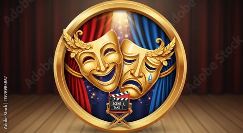 Theatrical masks with clapperboard on stage with curtains symbolizing comedy and tragedy in film and theater