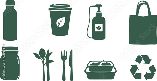 Collection of ecofriendly reusable items and recycling symbols for sustainable living and environmental awareness campaigns