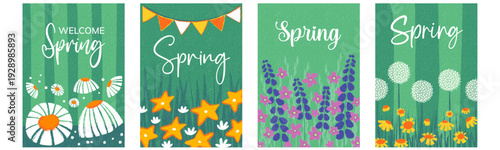 Spring set of cards, posters, background banner for spring holiday with wildflowers, daffodils, narcissus flowers. Hand drawn floral art templates for Easter decor, Womens Day, Mothers Day or Birthday