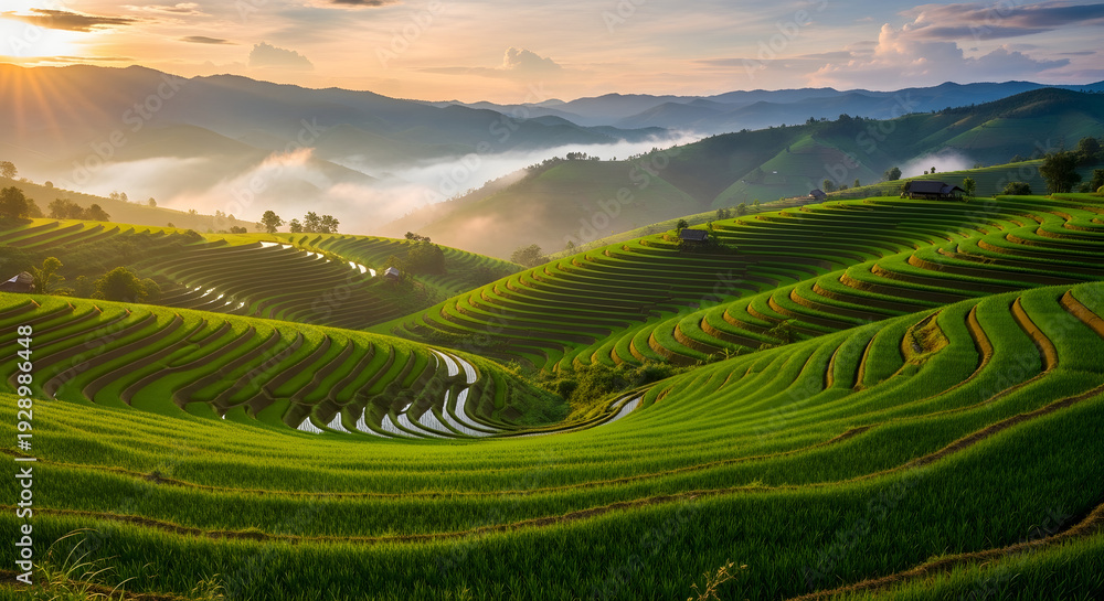 Fototapeta premium Lanscape Wallpaper. A serene landscape of rolling green hills with terraced fields at sunrise