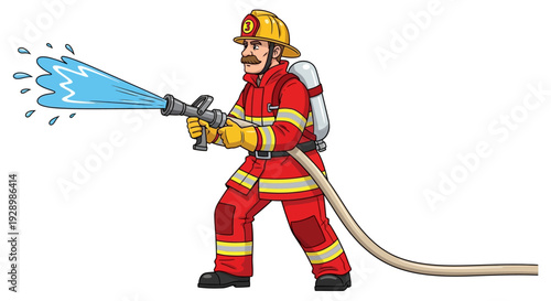 Firefighter in action spraying water from a hose in a dramatic rescue scene illustration