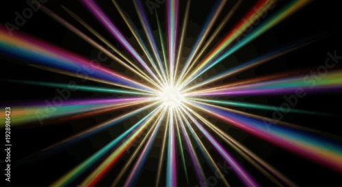Vibrant Rainbow Explosion Radiating from Central Bright Light in Dark Space