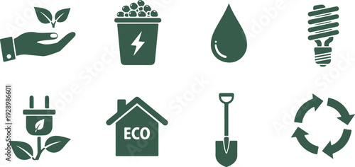 Set of eco friendly icons representing sustainability concepts and green living practices isolated on transparent background
