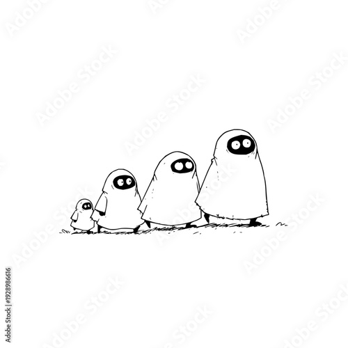 Group of four ghostly figures with large eyes in black and white illustration varying sizes simple background