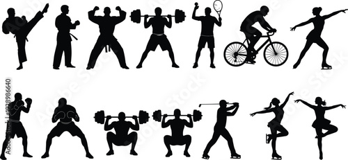 Professional Athlete Silhouette Collection featuring Weightlifting, Cycling, Martial Arts, Boxing, Tennis, Golf, Ice Skating, and Gymnastics for Fitness and Athletics,